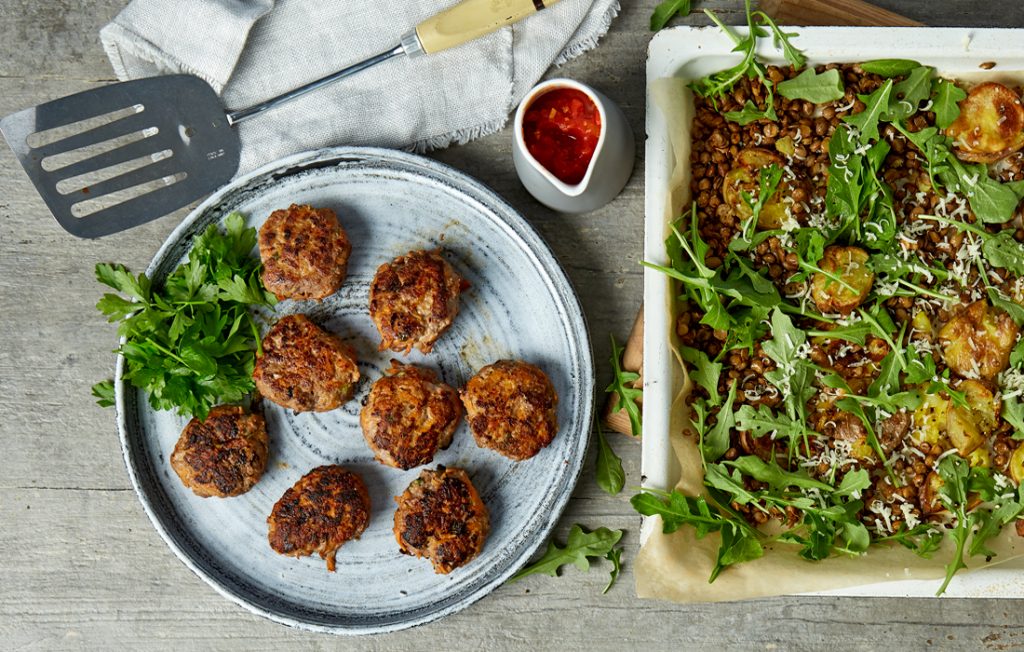 Beef and vege rissoles with lentil potato smash and tomato sauce