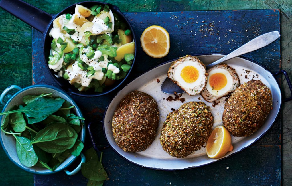 Dukkah scotch eggs with potato and pea salad