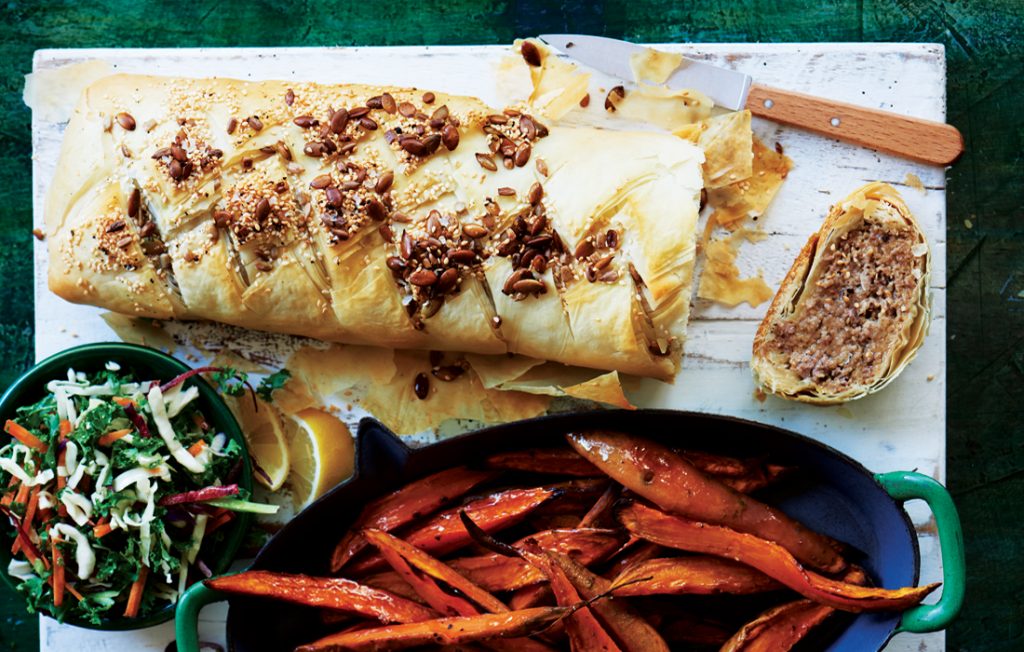 Moroccan lamb strudel with kumara wedges and kale coleslaw