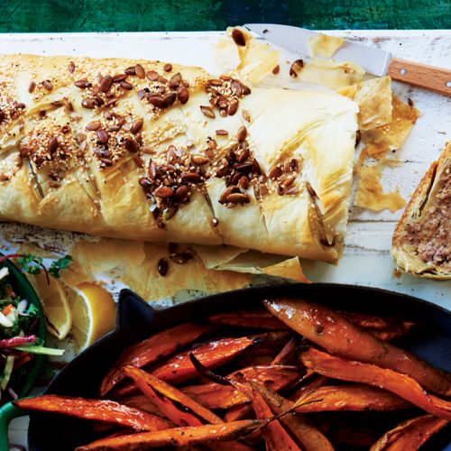 Moroccan lamb strudel with kumara wedges and kale coleslaw