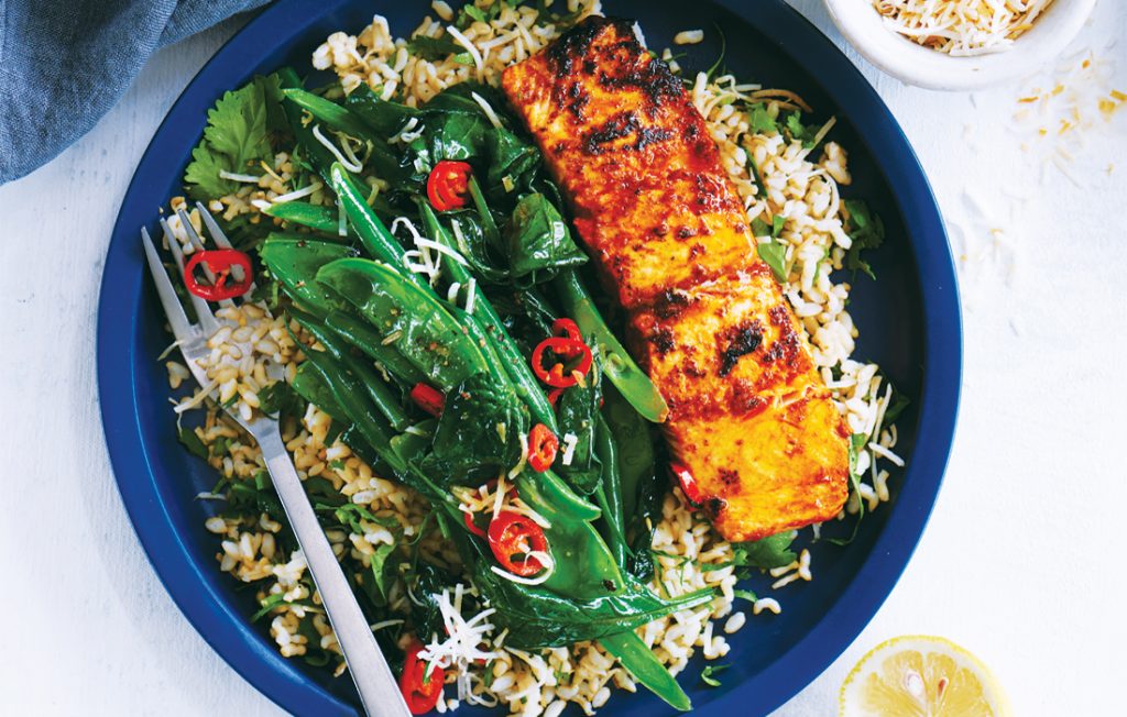 Tandoori salmon with toasted coconut greens