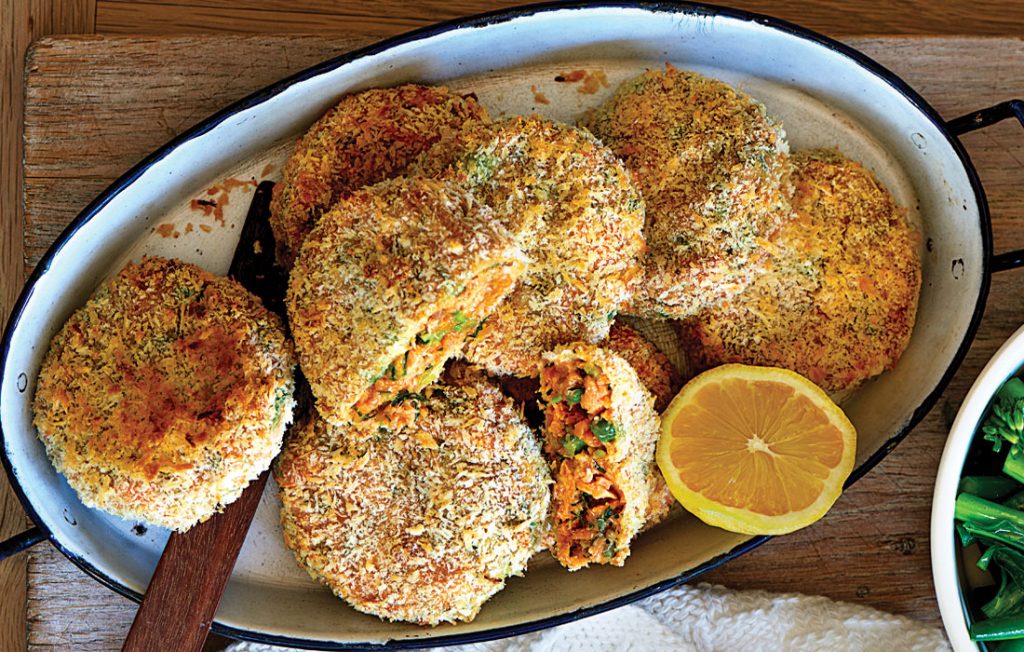 Sweet potato and pea fishcakes with greens