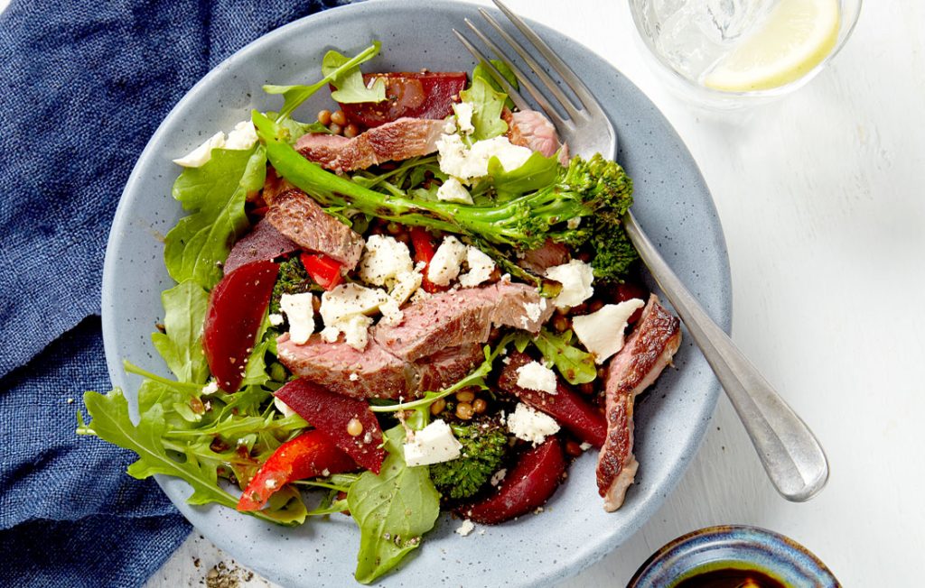 lamb with beetroot, feta, lentil and broccolini salad