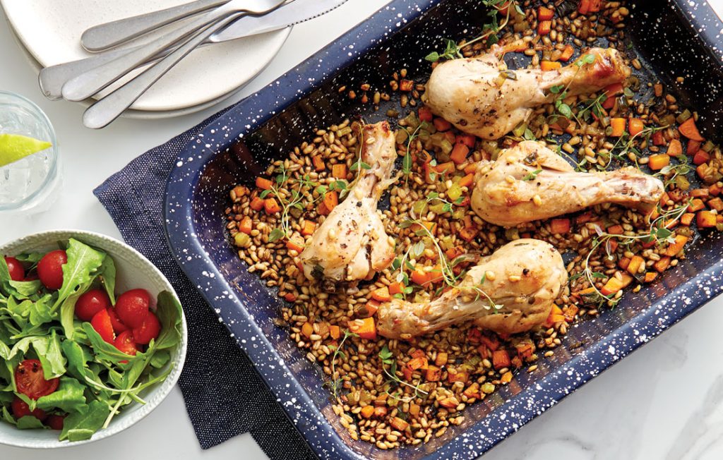 Roast chicken drumsticks with quick-cook barley baked pilaf