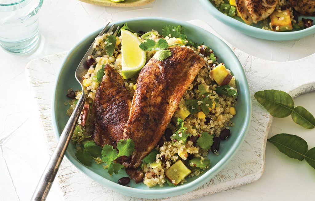Spice rubbed fish with quinoa and sweet potato salad