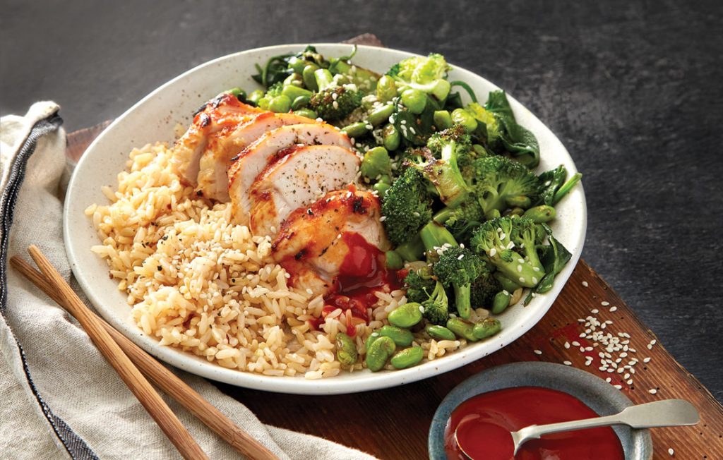 Spicy miso chicken with rice and vege toss