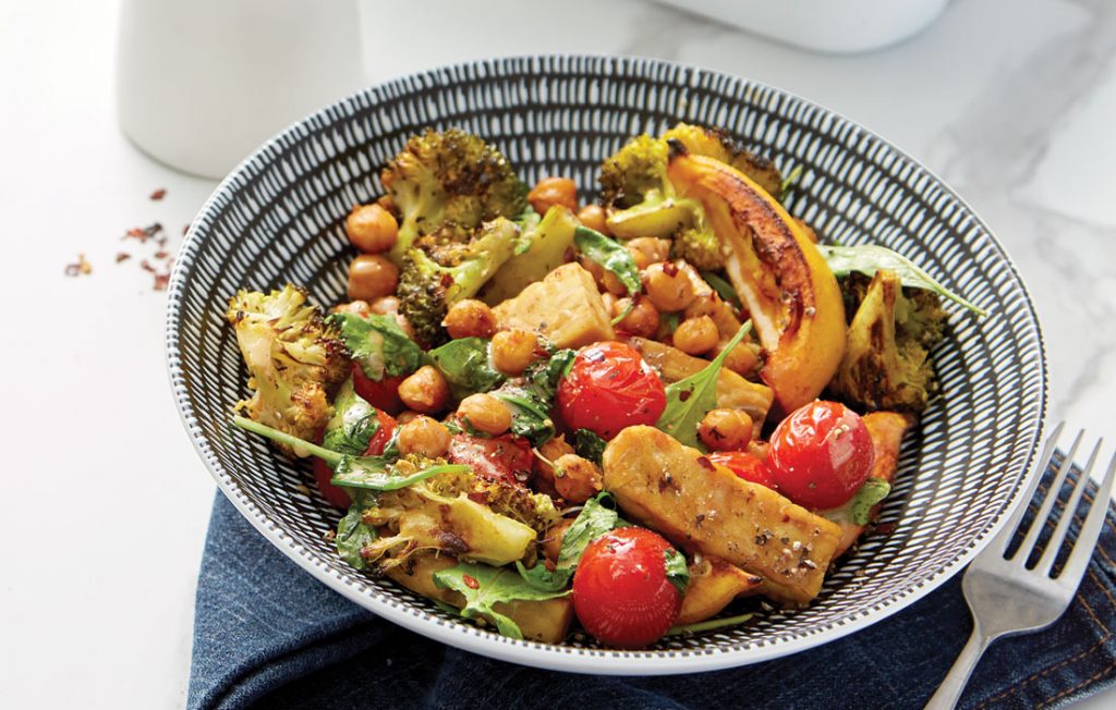 Spicy roasted chickpeas with tempeh and tahini dressing