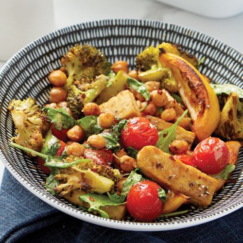 Spicy roasted chickpeas with tempeh and tahini dressing