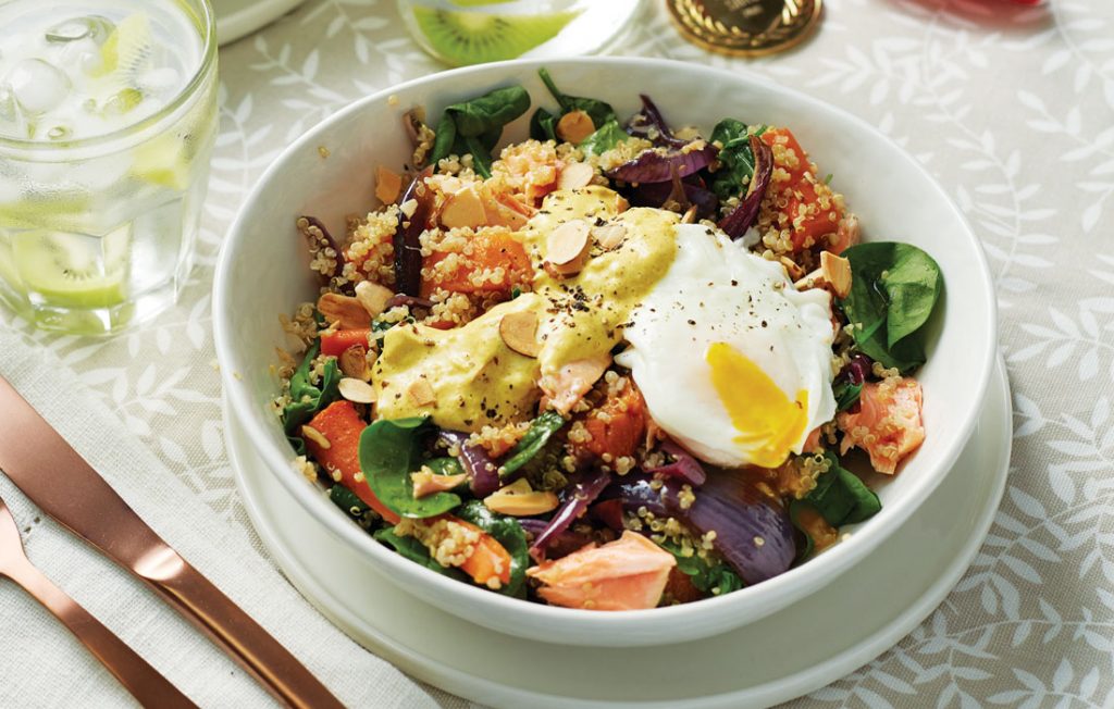 Warm salmon and quinoa salad with kiwifruit flavoured water