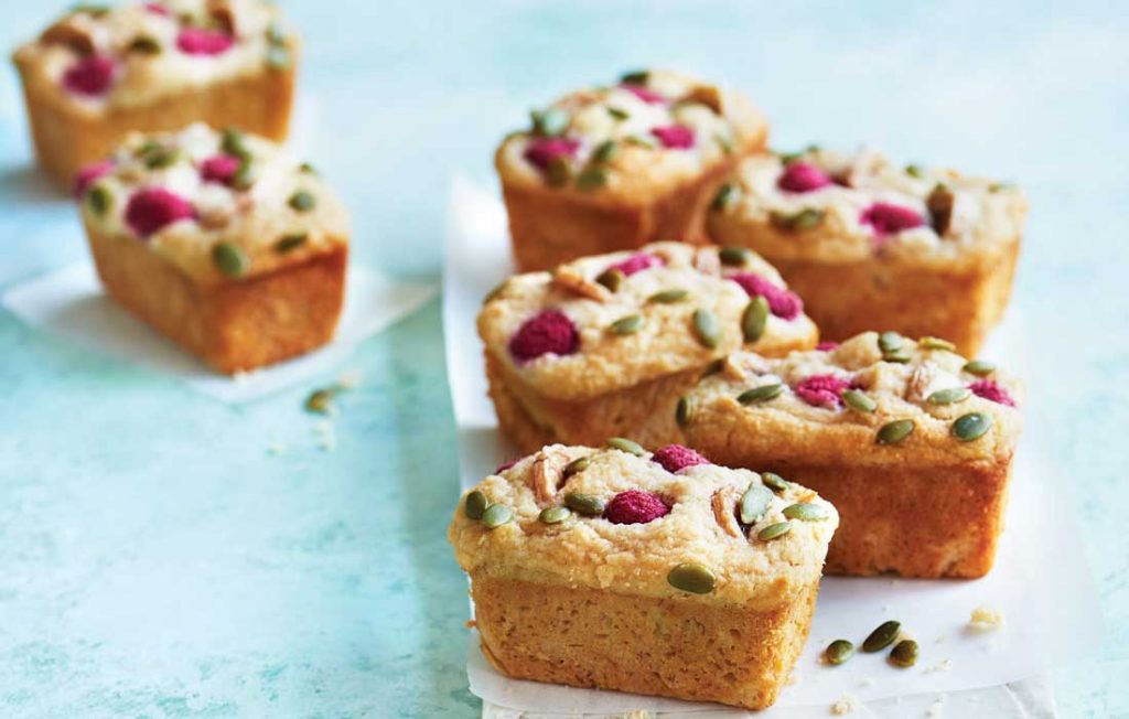Mini banana and raspberry loaf cakes