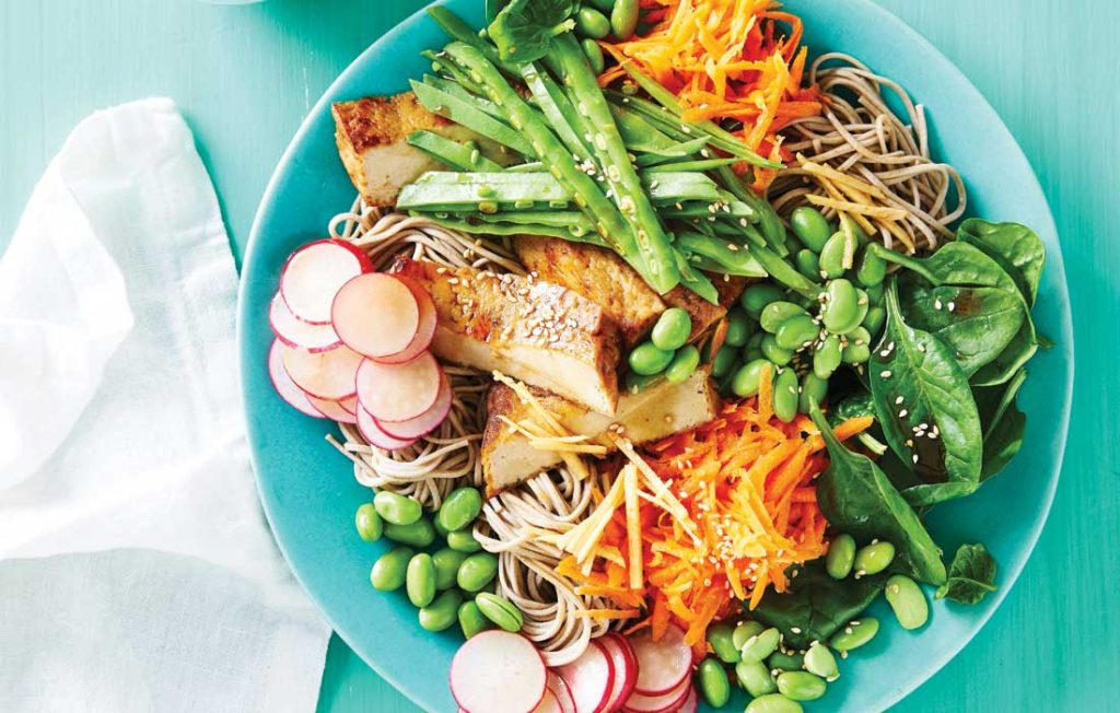 Soba noodle salad with marinated tofu and edamame