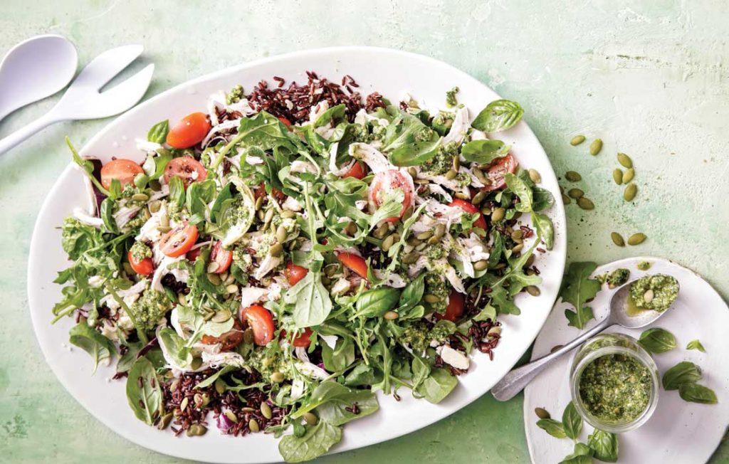 Pesto chicken, pepita and rocket salad