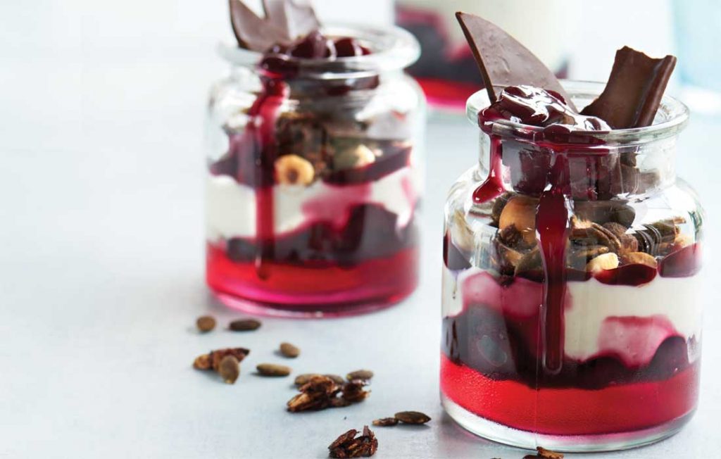 Dark chocolate cherry crunch trifle