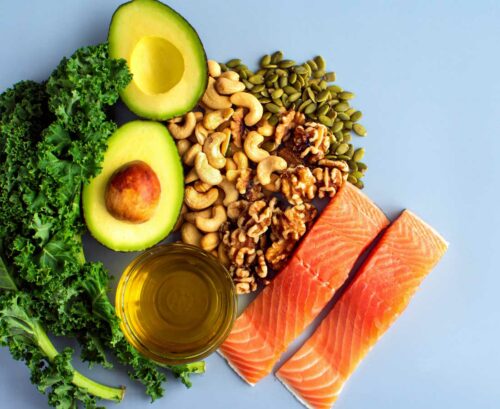 vegetables, nuts, olive oil and salmon
