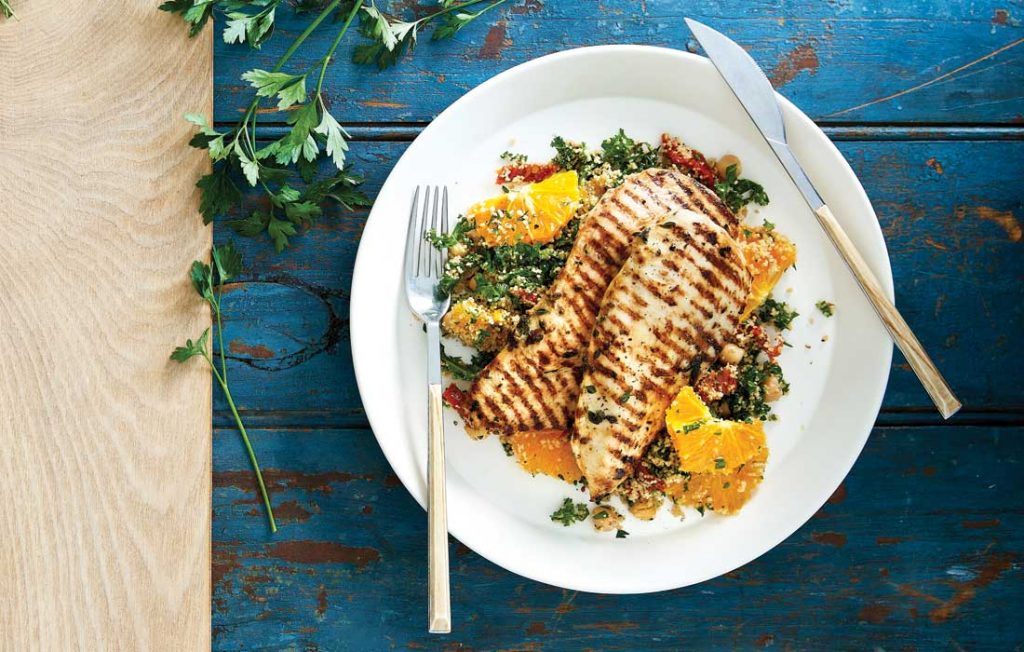 Grilled fennel chicken with orange, kale and chickpea salad