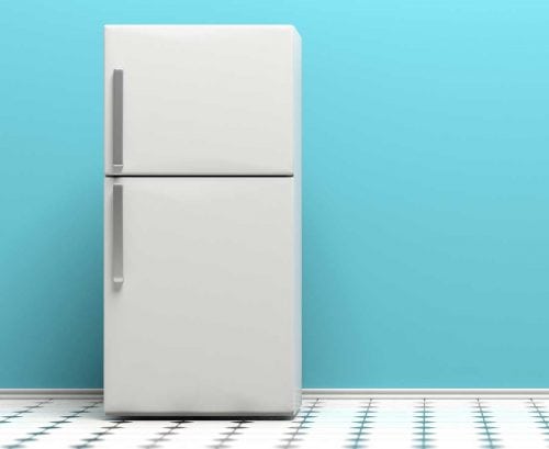 A refrigerature/freezer on a blue background
