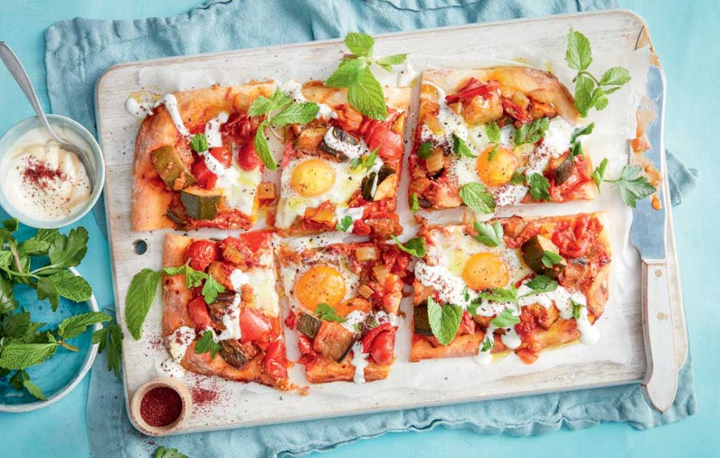 Homemade shakshuka pizza with sumac