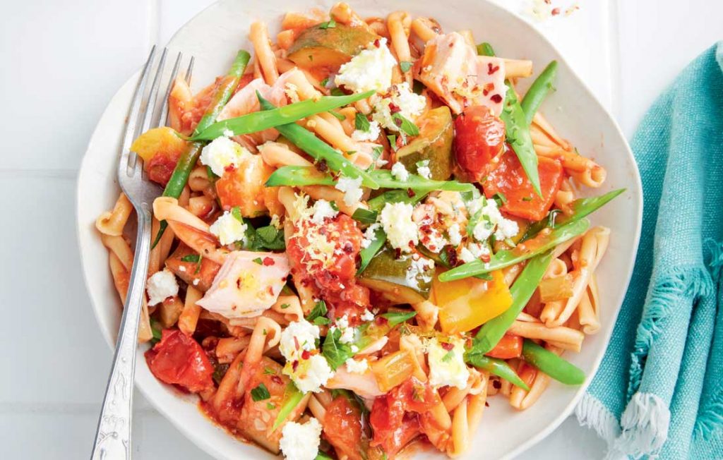 Pasta with hot smoked salmon, ratatouille and ricotta