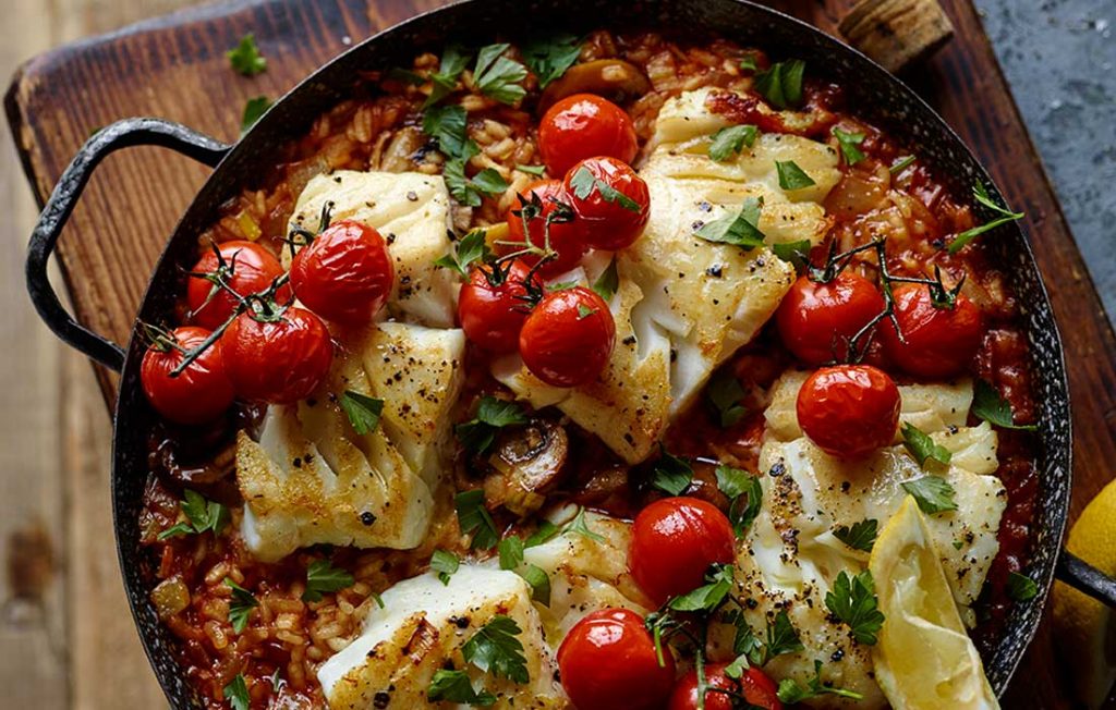 Oven-baked risotto with hoki