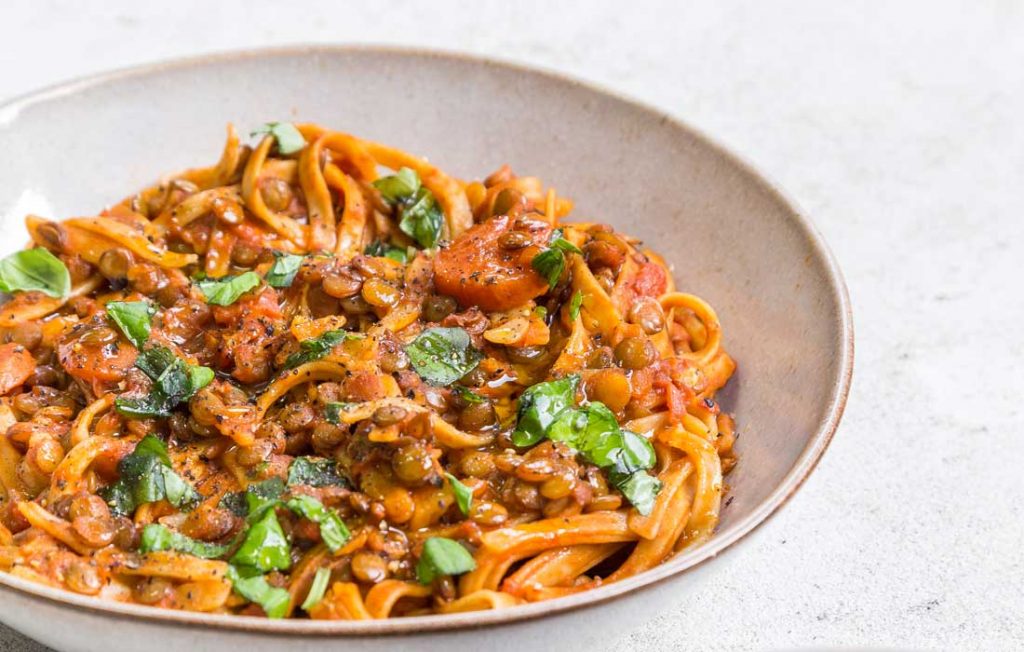 Vegan green lentil bolognese