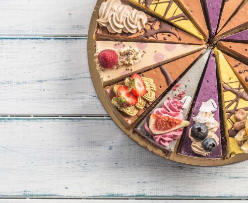 Slices of pretty raw cakes
