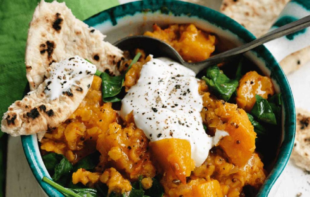 Vegetarian lentil, squash and spinach dhal