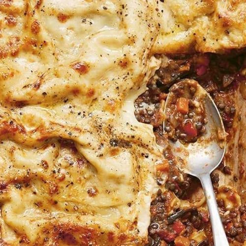 Vegan lasagne with eggplant and puy lentils