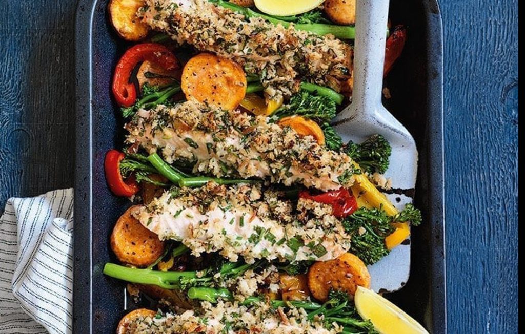 Herb-crusted salmon, broccolini and sweet potato bake Herb-crusted salmon, broccolini and sweet potato bake