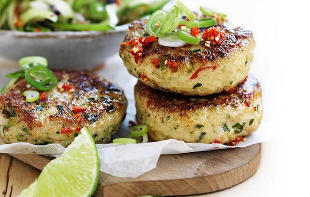 Gluten-free Thai fishcakes with crunchy rice salad