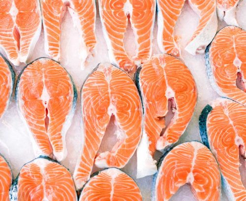 Salmon cutlets on ice