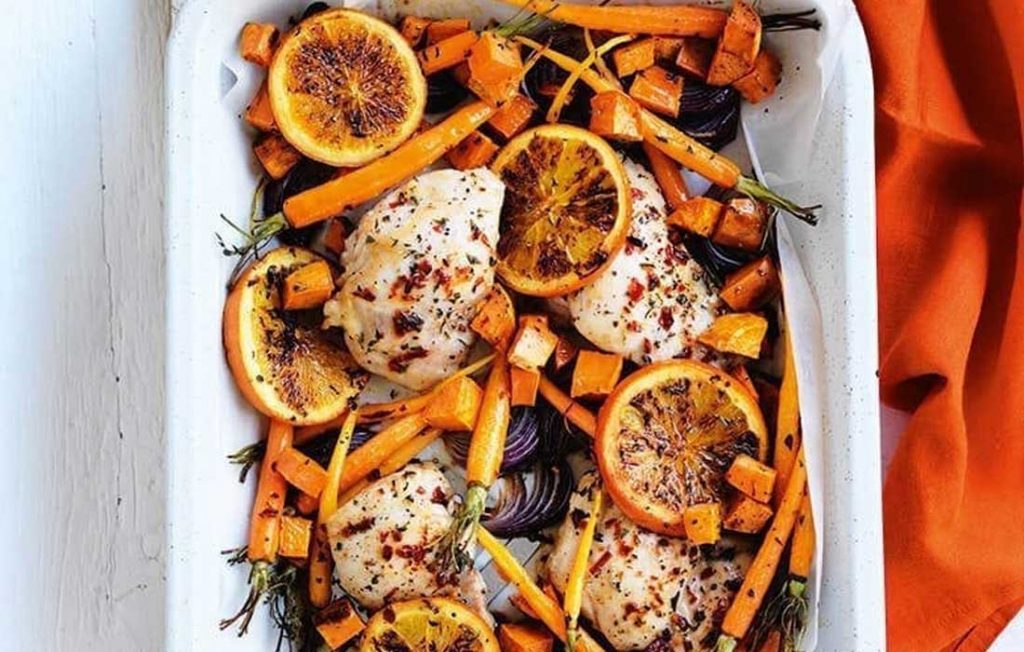 Chicken, orange and roasted sweet potato tray bake