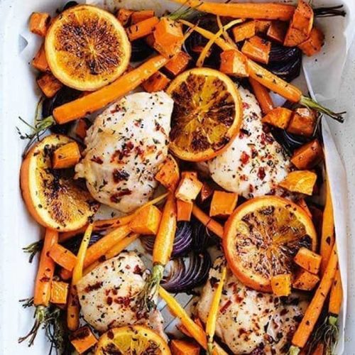 Chicken, orange and roasted sweet potato tray bake