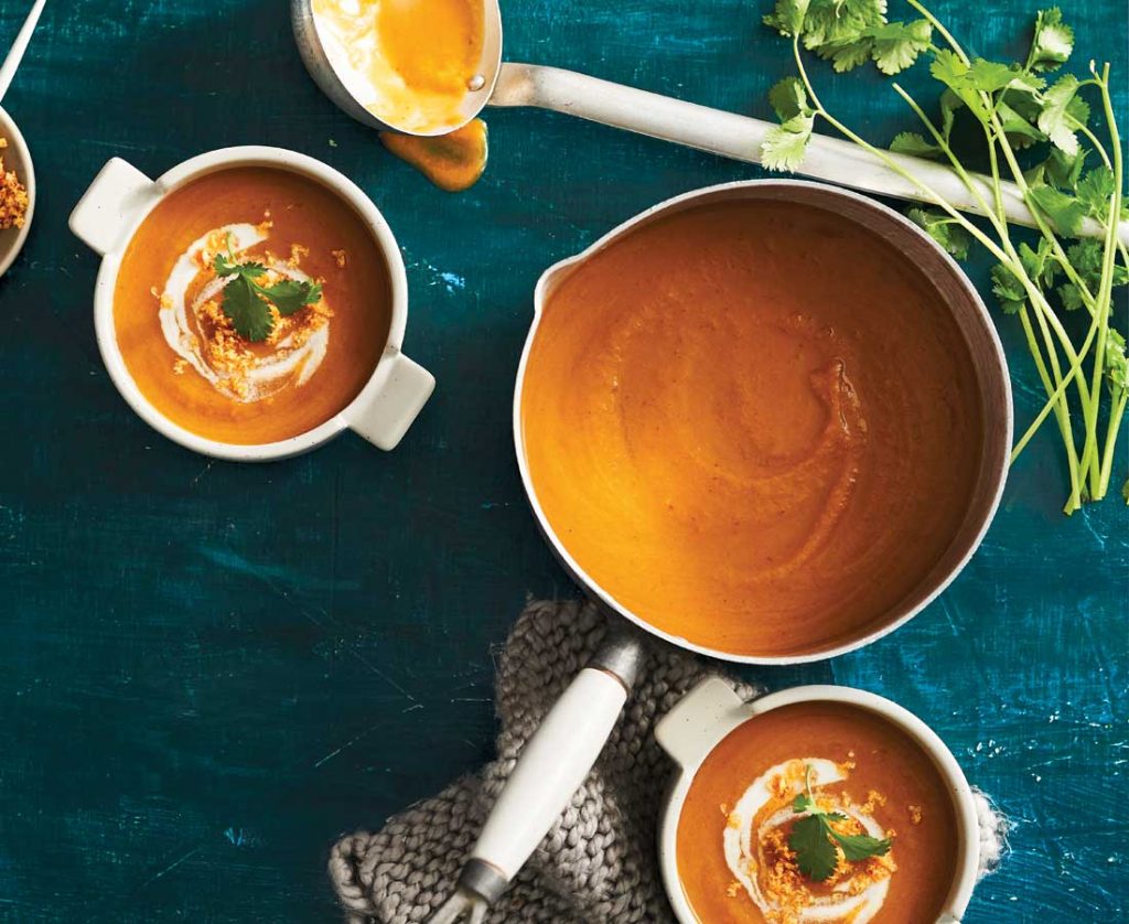 Sweet potato and coconut soup with spicy sambal