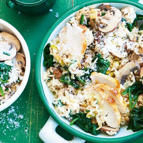 Quick chicken, leek and mushroom risotto