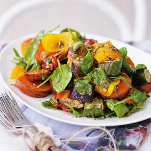 Roasted vegetable salad with garlic and balsamic dressing