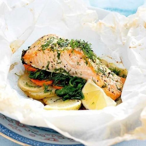 Herby salmon and vegetable parcels