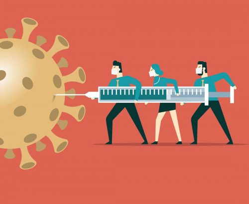 Cartoon people injecting COVID virus with vaccine