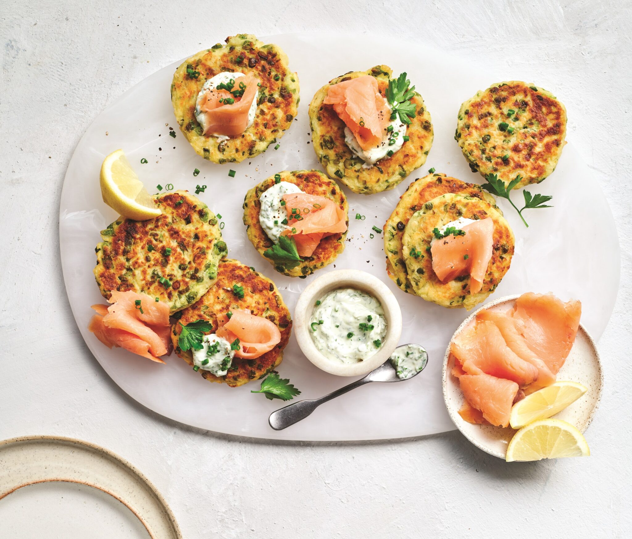 Smoked salmon and goat’s cheese fritters