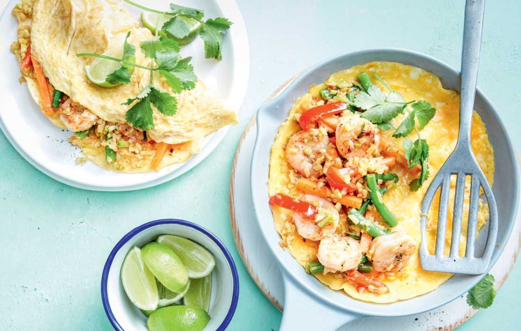 Nasi goreng prawn and cauliflower omelettes
