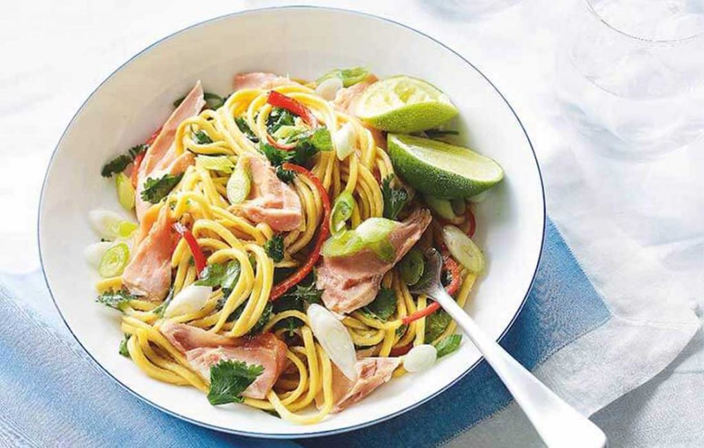 Salmon with peanut and sesame noodles