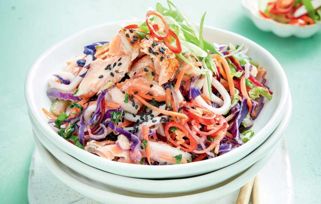 Sesame salmon udon noodles