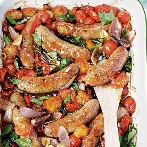 Baked sausages and balsamic tomatoes