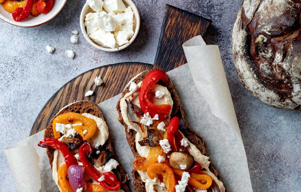 Roasted capsicum, feta and paprika sweet potato hummus
