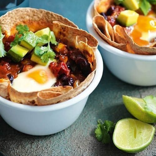 Mexican baked eggs in tortilla baskets