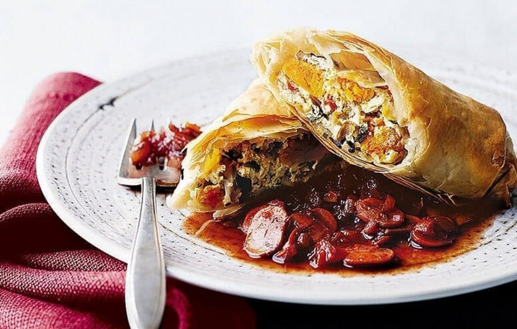 Pumpkin strudels with shitake mushroom and port sauce