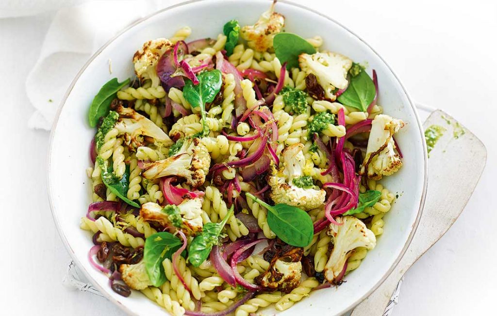 Roasted cauliflower and pesto pasta