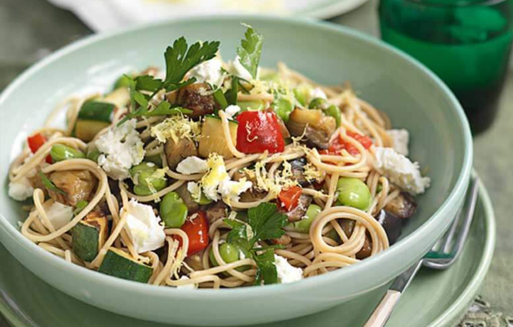 Roasted eggplant, capsicum and feta pasta Roasted eggplant, capsicum and feta pasta