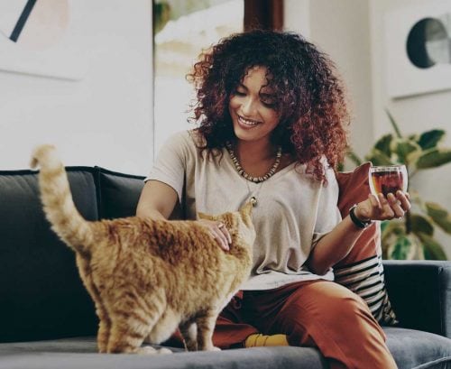 Woman with a cat drinking tea