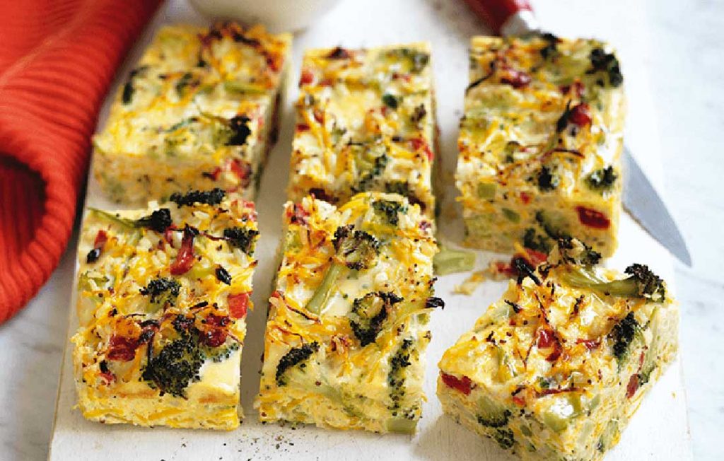 Broccoli, squash and roasted capsicum crustless quiche