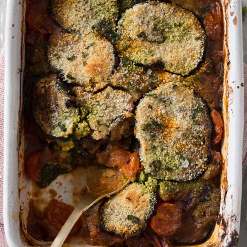 Eggplant and pesto bake with roasted kale